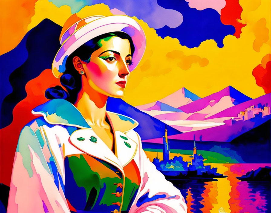 Colorful portrait of woman in stylish hat and coat against scenic backdrop.