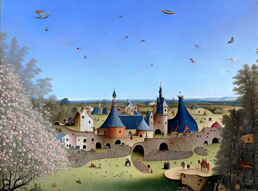 Detailed Medieval Castle Painting with Landscape, People, Animals, and Birds