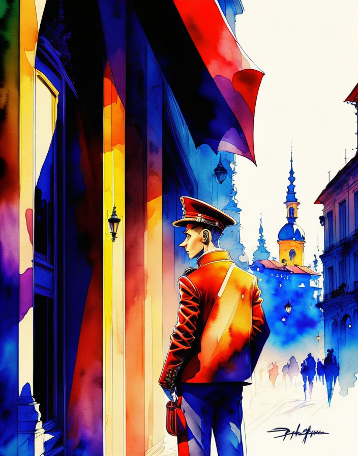 Colorful Illustration of Uniformed Doorman by Building