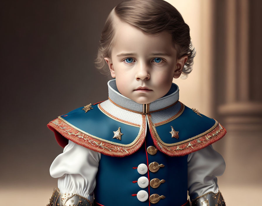 Detailed portrait of a child in vintage military-style outfit