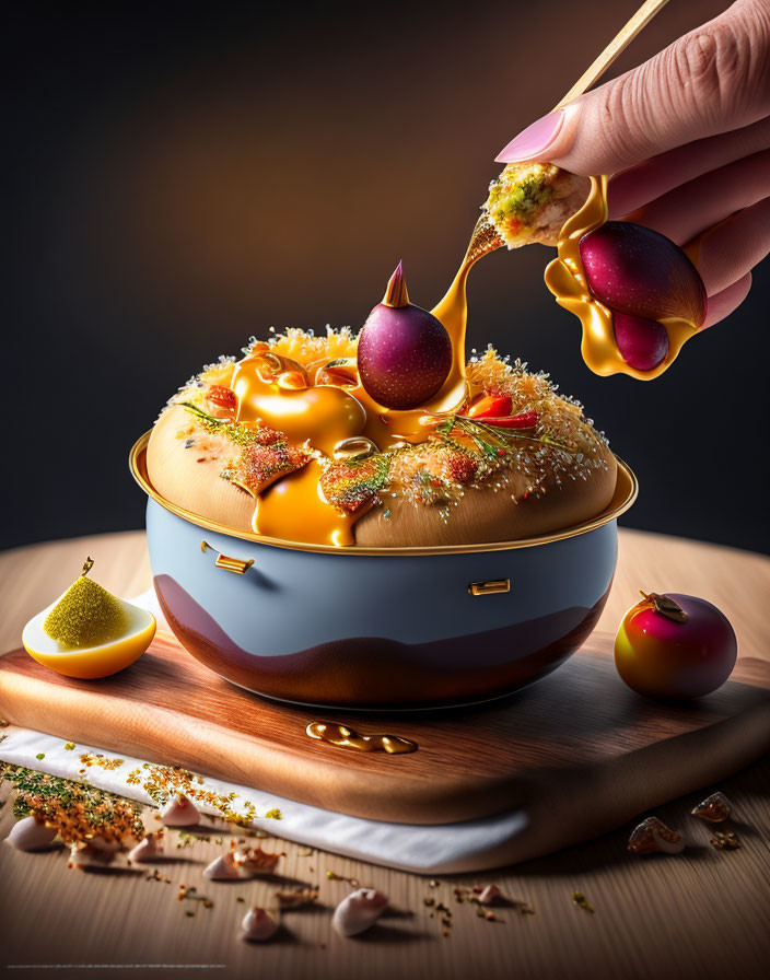 Colorful dish with golden sauce, spherical ingredients, garnishes, and spices on wooden surface