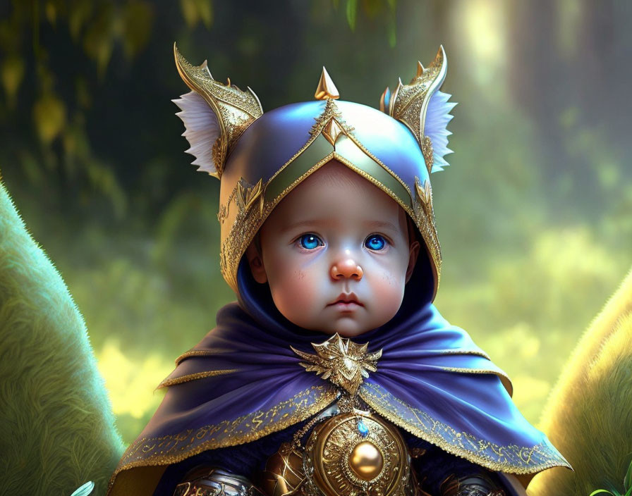 Digital artwork: Infant with blue eyes in fantasy attire, forest background.