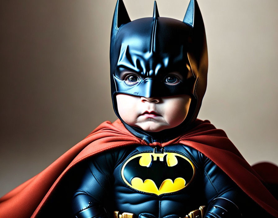 Detailed Batman costume on toddler with cowl, cape, and bat symbol