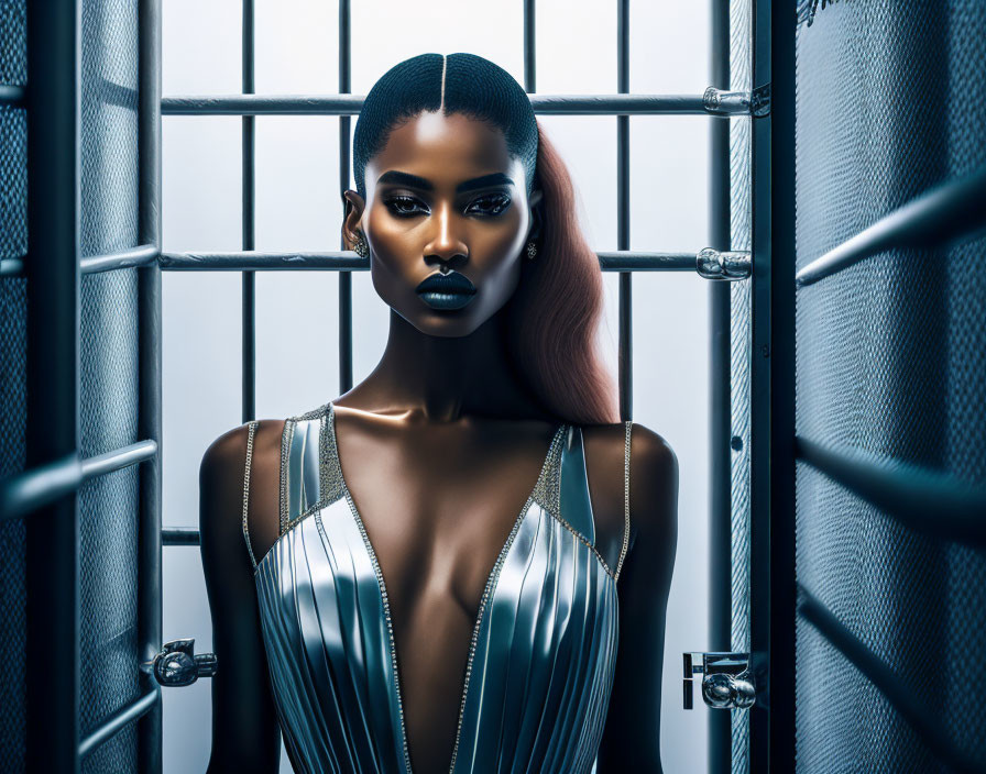 Woman in bold makeup and metallic dress gazes through barred gate.