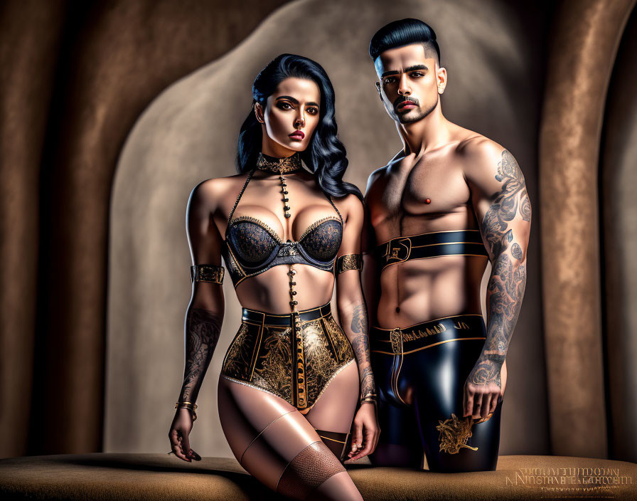 Stylized characters with tattoos in ornate clothing against textured backdrop