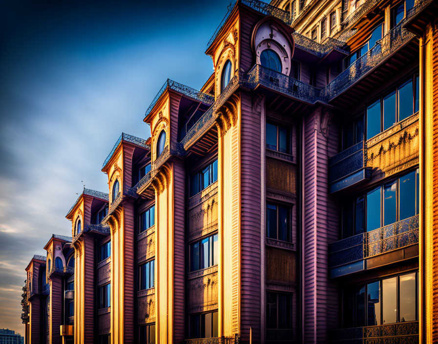 Sunset glow on ornate building with dormer windows