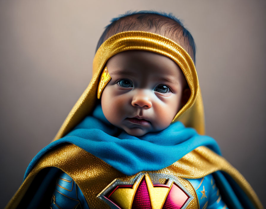 Infant in blue and gold superhero cloak with large eyes on soft-focused background