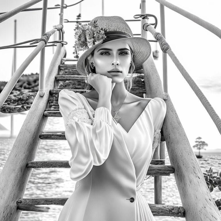 Woman in stylish hat and white dress near rope bridge in monochrome setting