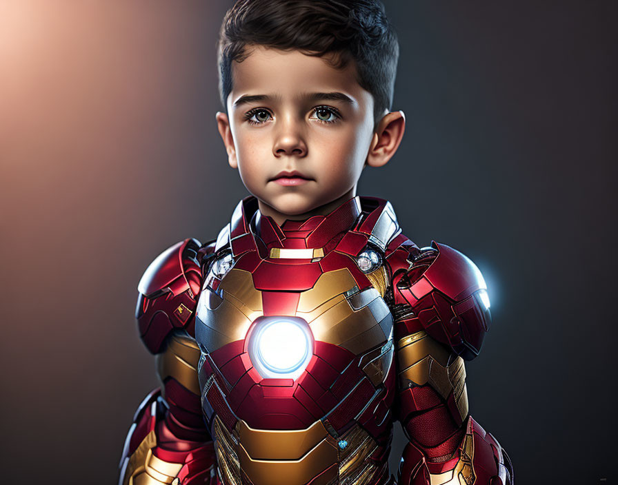 Detailed Iron Man suit on young child with glowing reactor against dramatic background