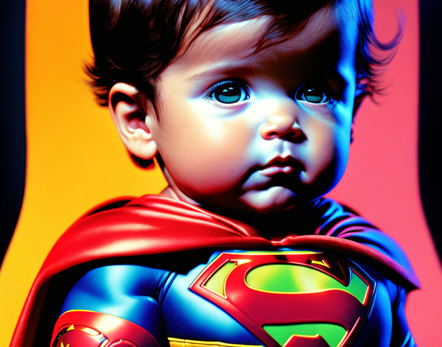 Child in colorful Superman costume against vibrant background