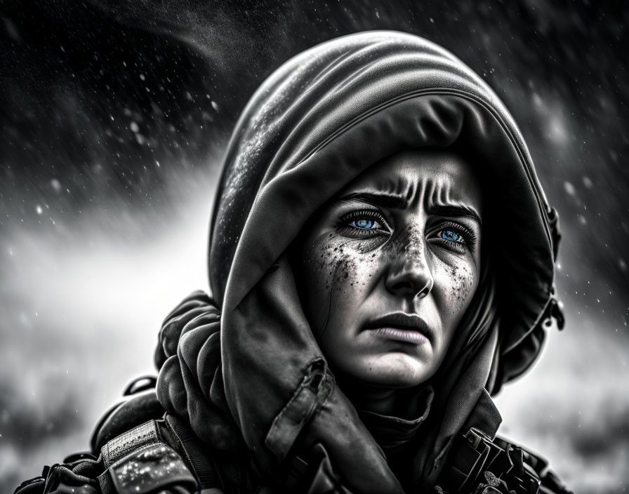 Person with blue eyes in hooded garment under rain gazes upwards