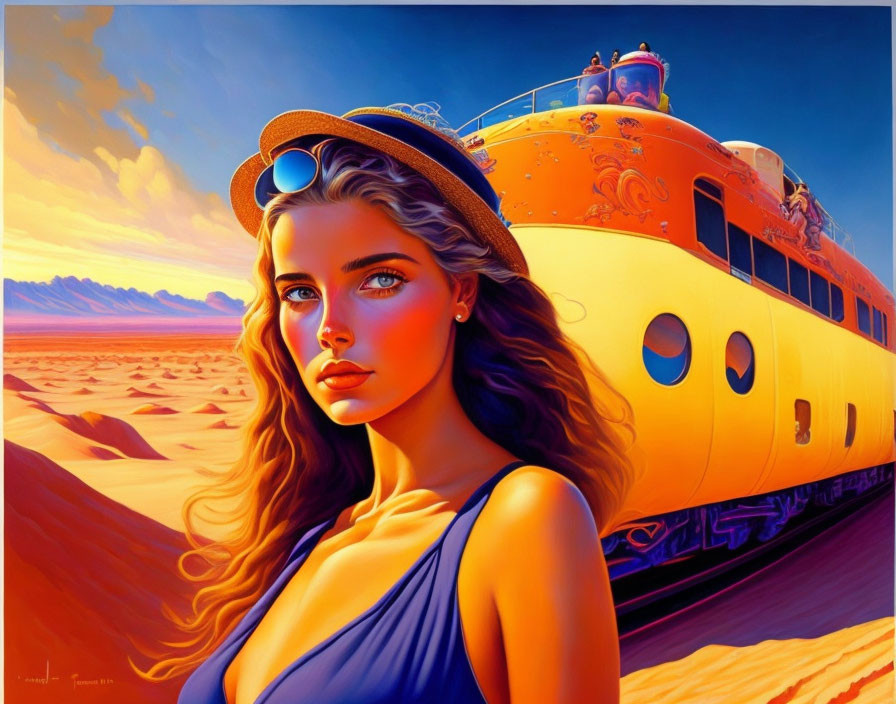 Illustration of woman with blue eyes and hat by surreal orange submarine in desert