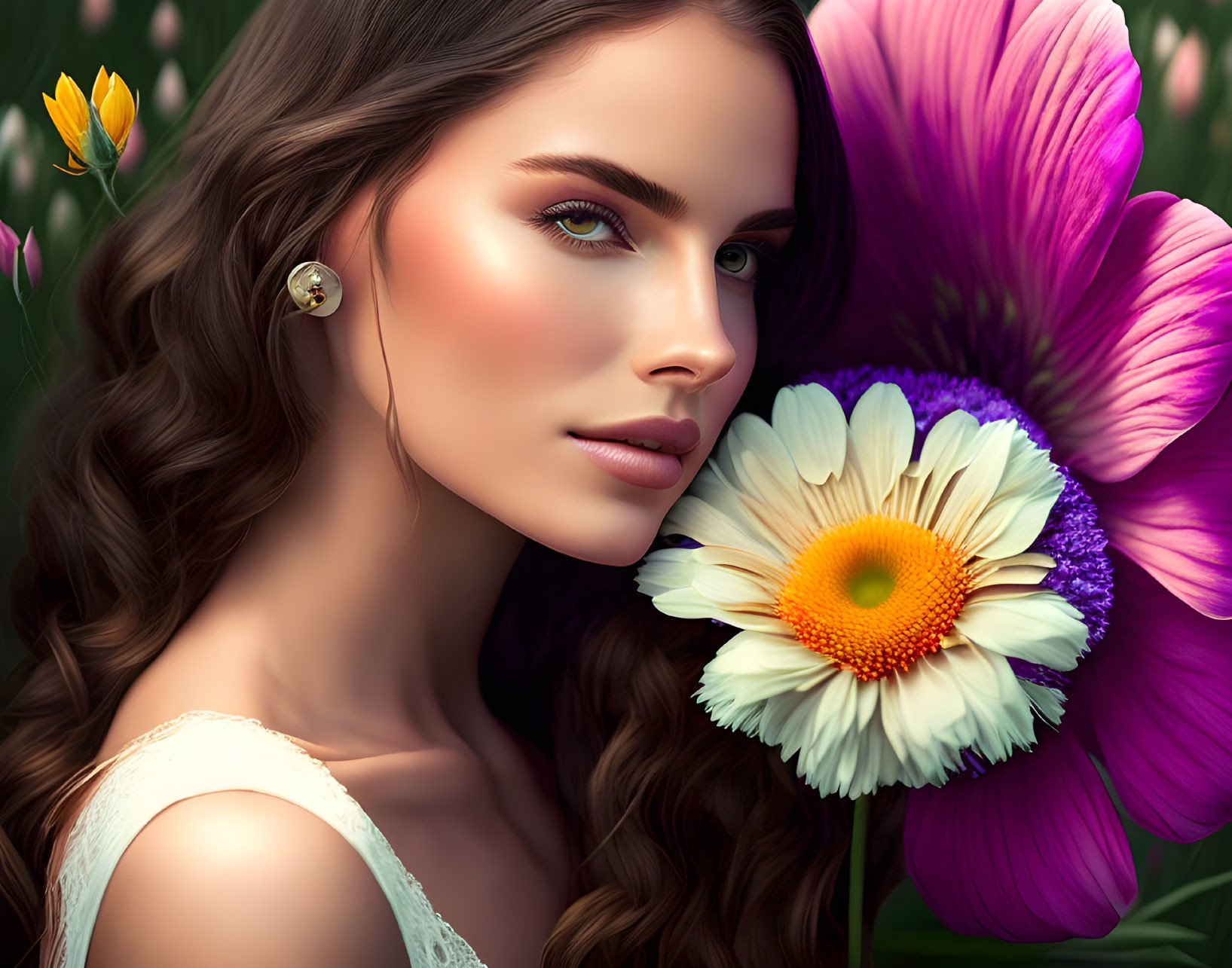 Digital artwork: Woman with brown hair and green eyes holding daisy in vibrant floral setting