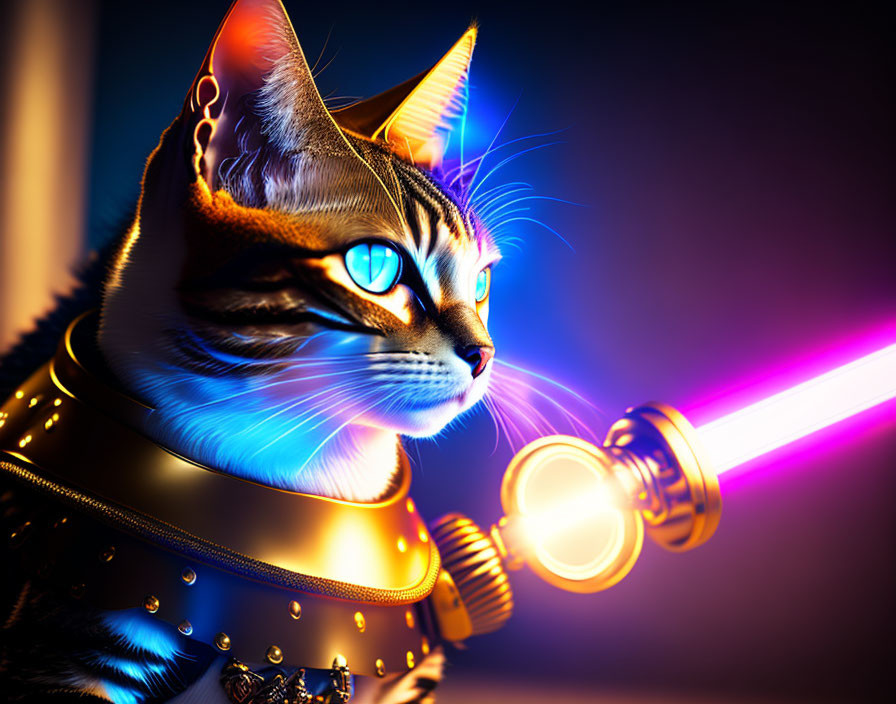 Futuristic armor cat with blue eyes and glowing sword on dark blue background