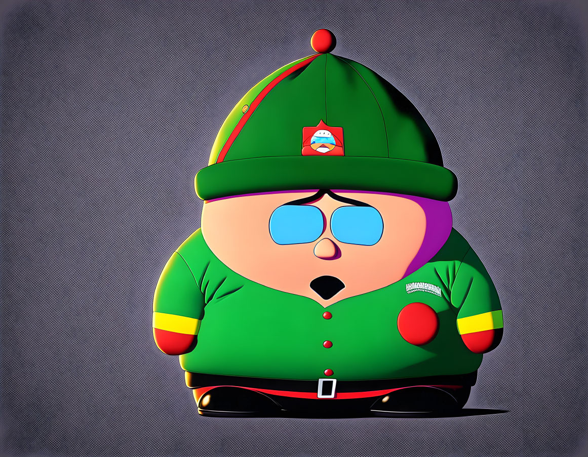 Surprised animated character in green jacket and hat