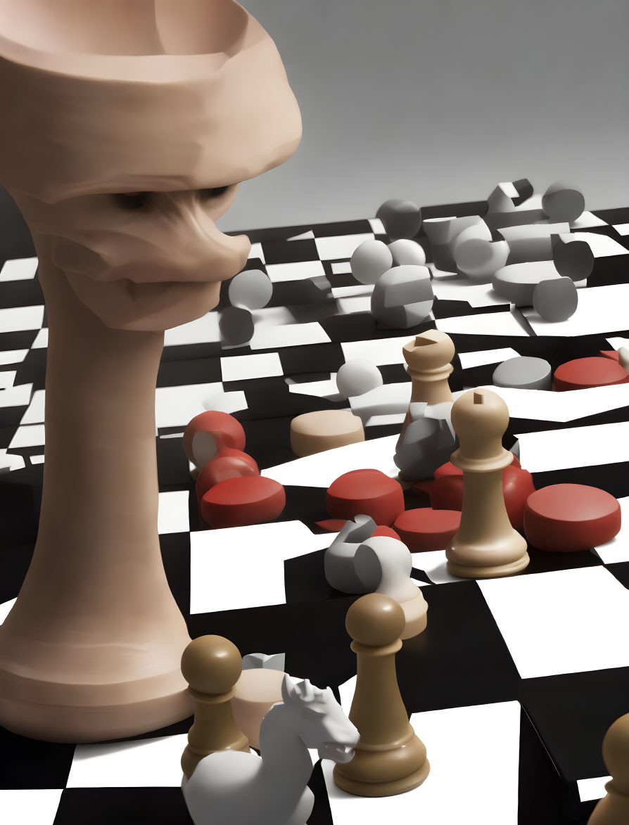 Surreal chessboard with distorted pawn head and various game pieces