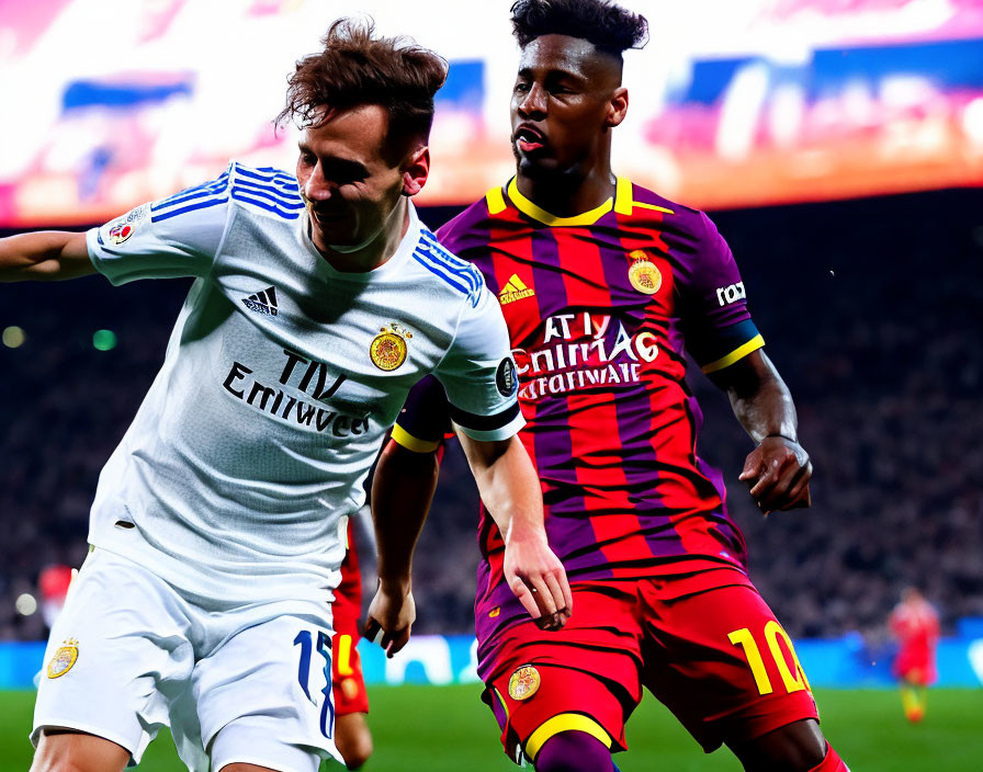 Soccer players in white and red/yellow stripes in intense match action