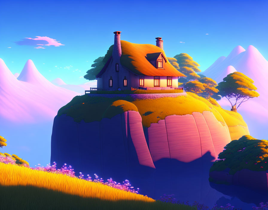 Scenic cottage on cliff at dusk with mountains in background