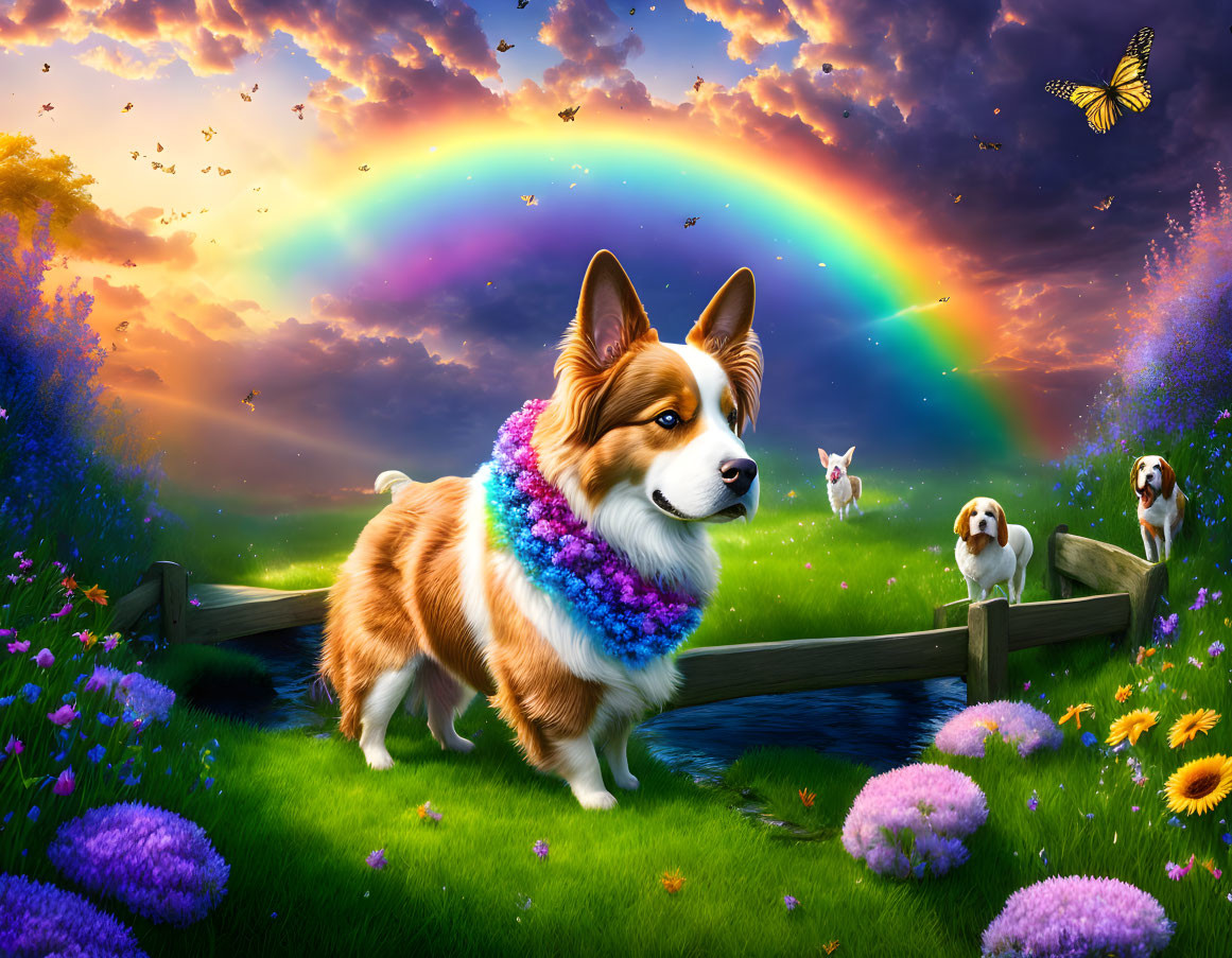 Vibrant dog illustration with floral necklace, rainbow, playful dogs, butterflies