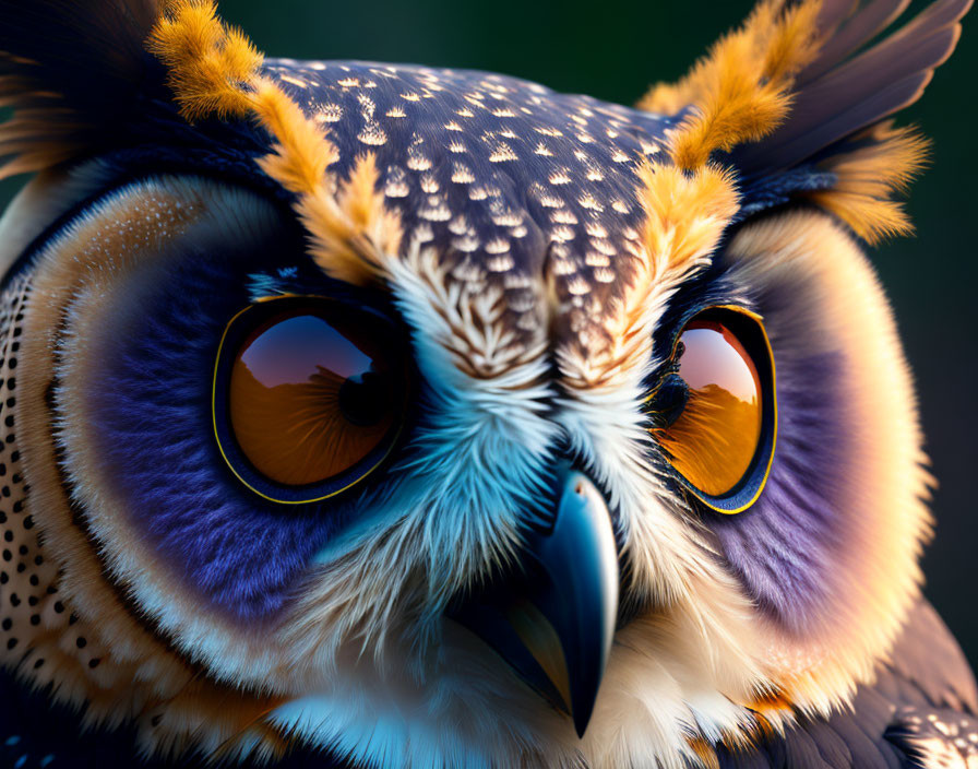 Colorful owl close-up with vivid orange eyes and detailed blue and orange plumage