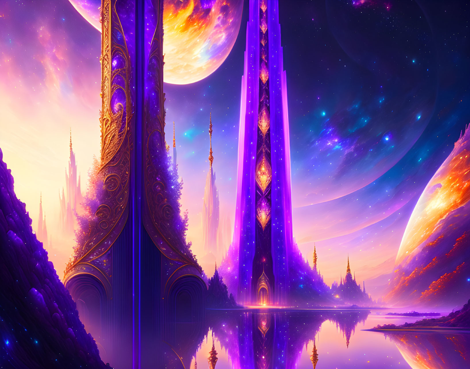 Fantasy landscape with ornate structures, purple water, and starry sky