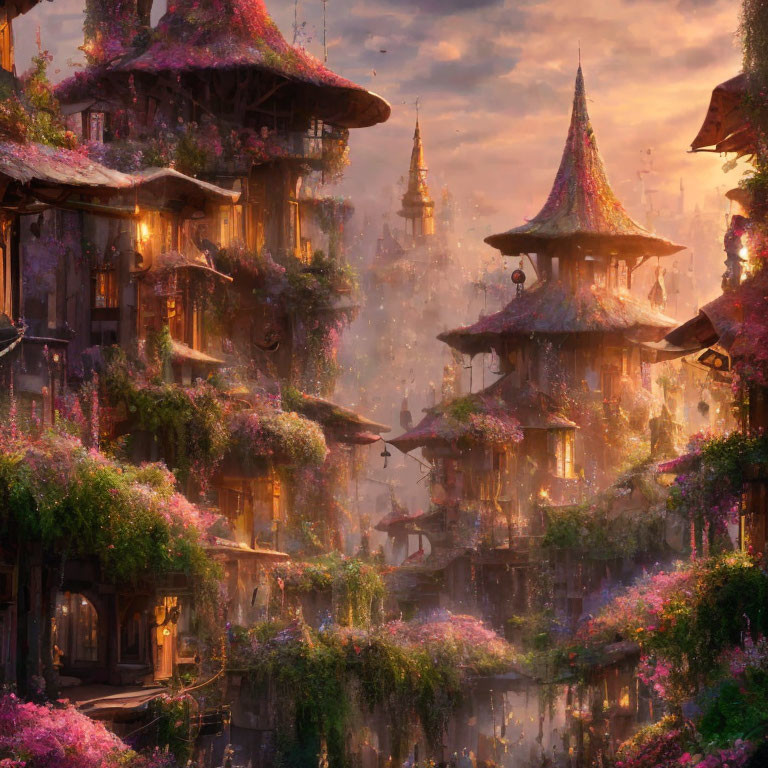 Whimsical fantasy village with pink vegetation under warm sunset