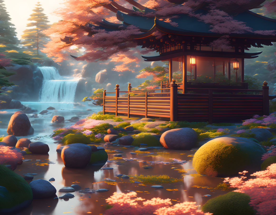 Japanese garden with pagoda, cherry blossoms, waterfall, moss-covered rocks, and stream at sunset