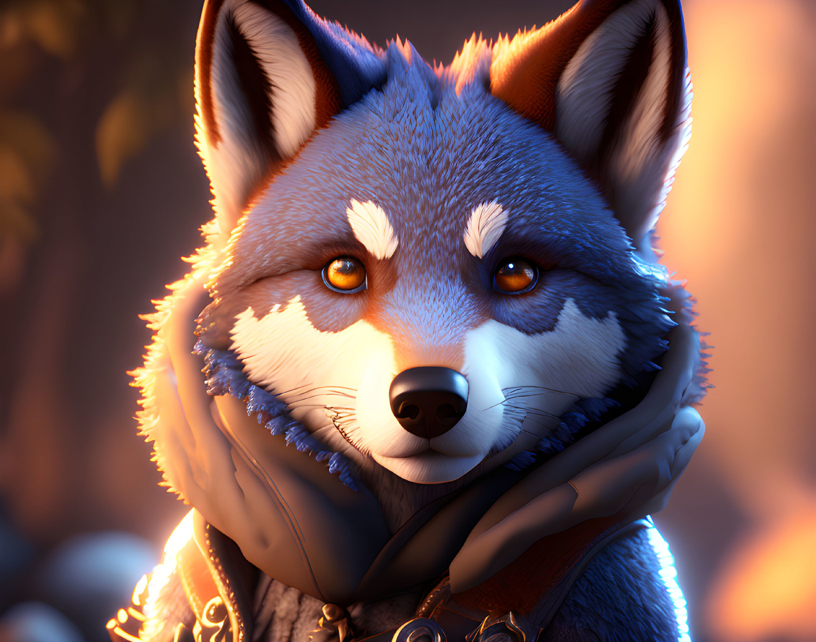 Digital rendering of fox in scarf and armor in warm environment