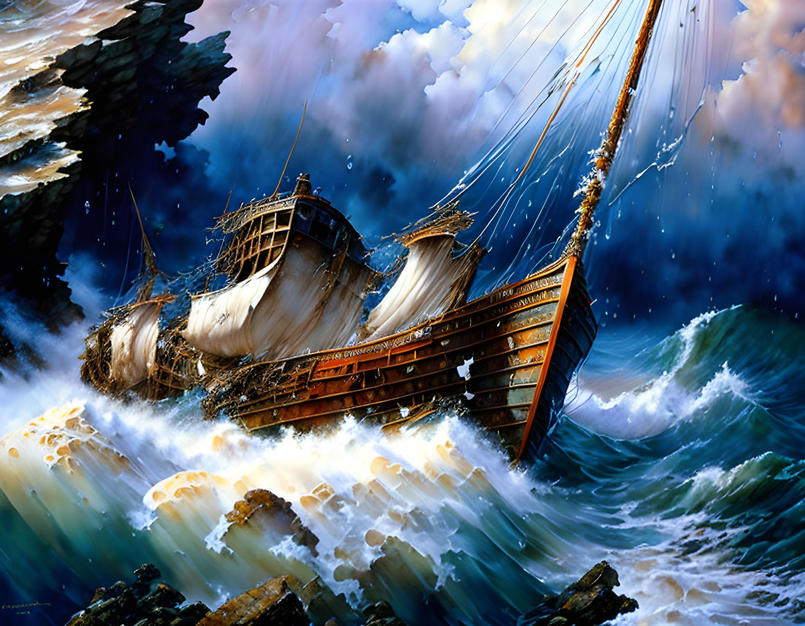 Stormy Seas: Dramatic Painting of Sailing Ship in Fierce Storm