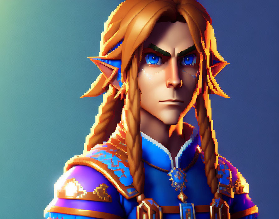 Detailed 3D Render of Male Elf with Long Blond Hair and Blue Eyes