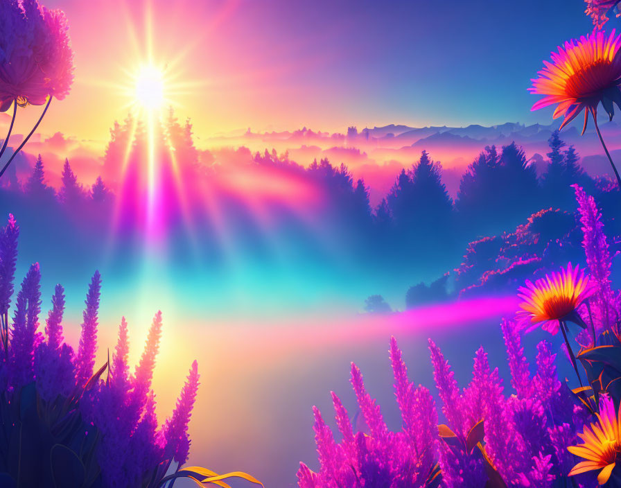 Radiant sunrise with light beams over misty flower landscape