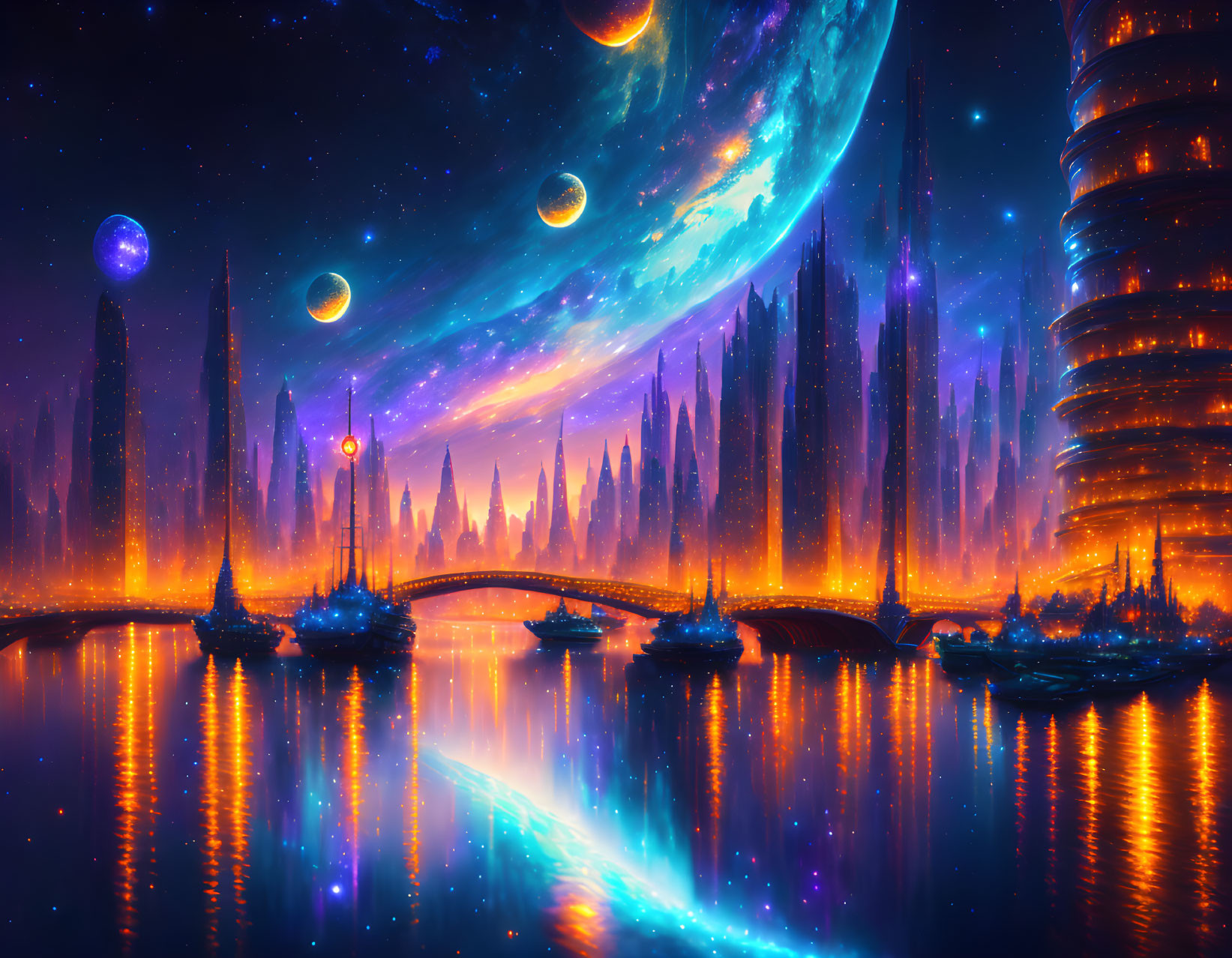 Futuristic sci-fi cityscape with towering spires and spaceships