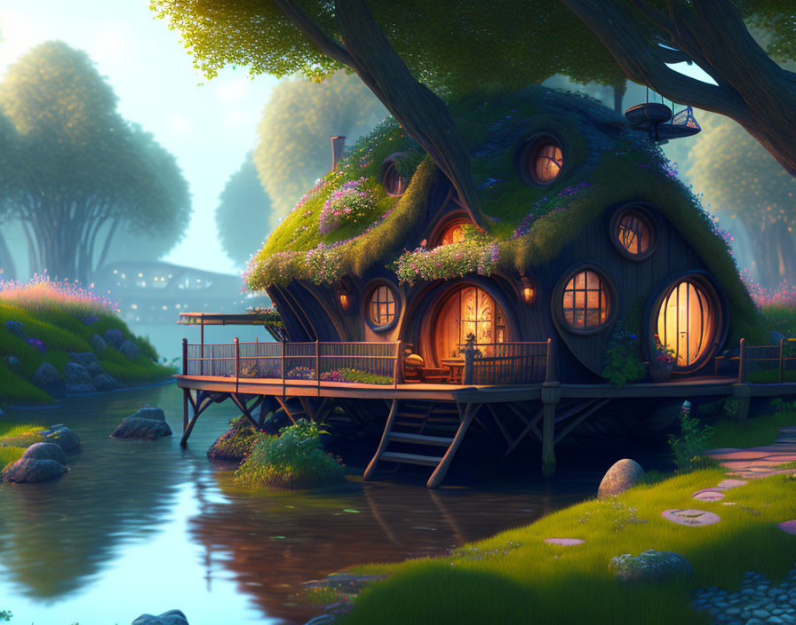 Quaint round cottage by river at twilight