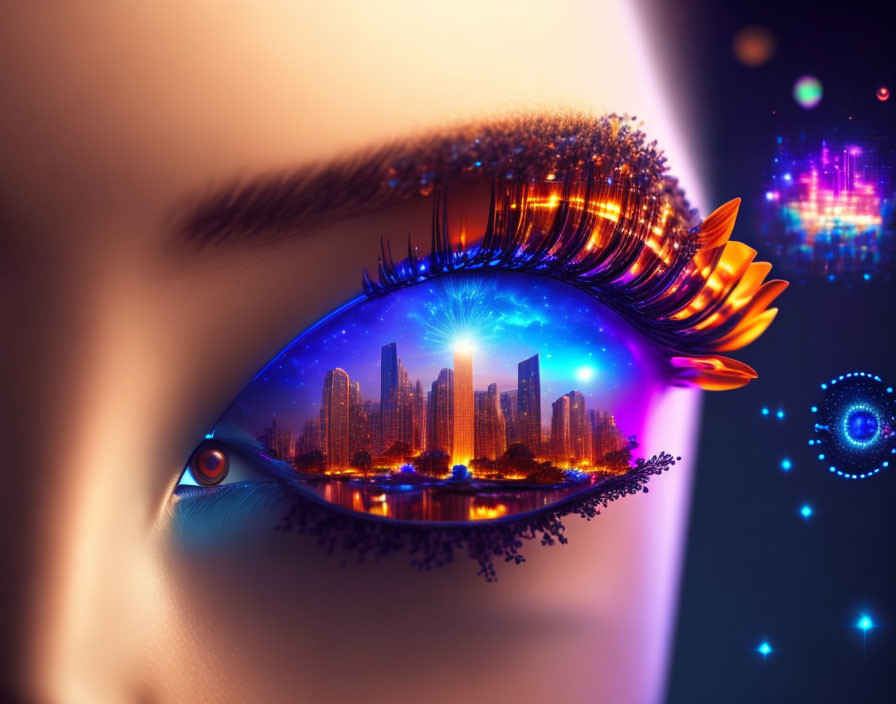 Close-up Eye Art Reflecting Colorful Cityscape & Whimsical Eyelash Design