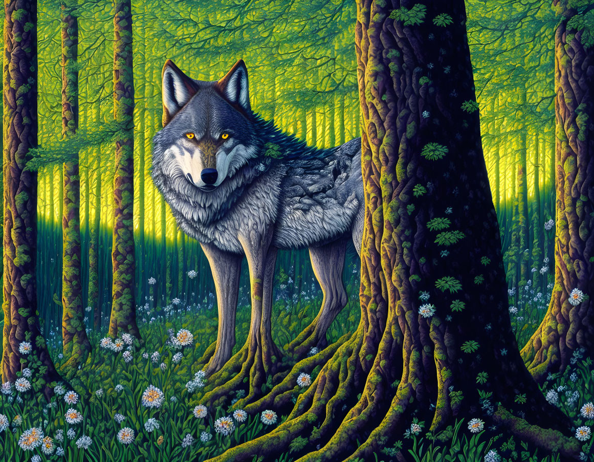 Gray wolf in lush forest with intricate roots and white flowers