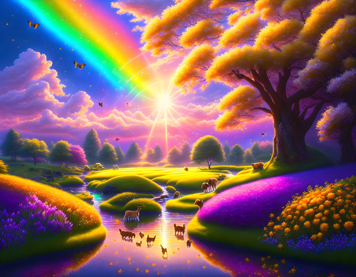 Colorful Fantasy Landscape with Rainbow, Sparkling River, and Lush Trees