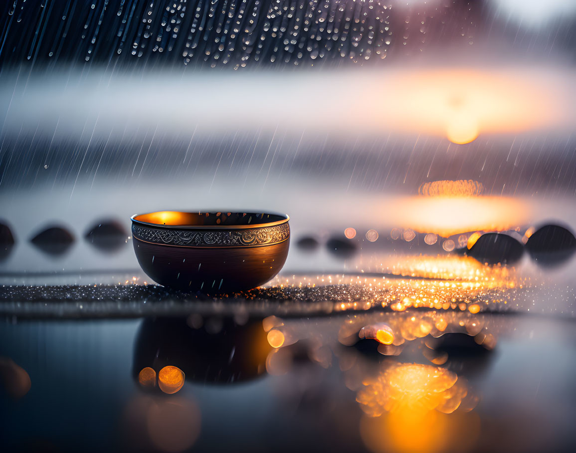 Reflective surface with decorative bowl under rainy backdrop and sunset glow