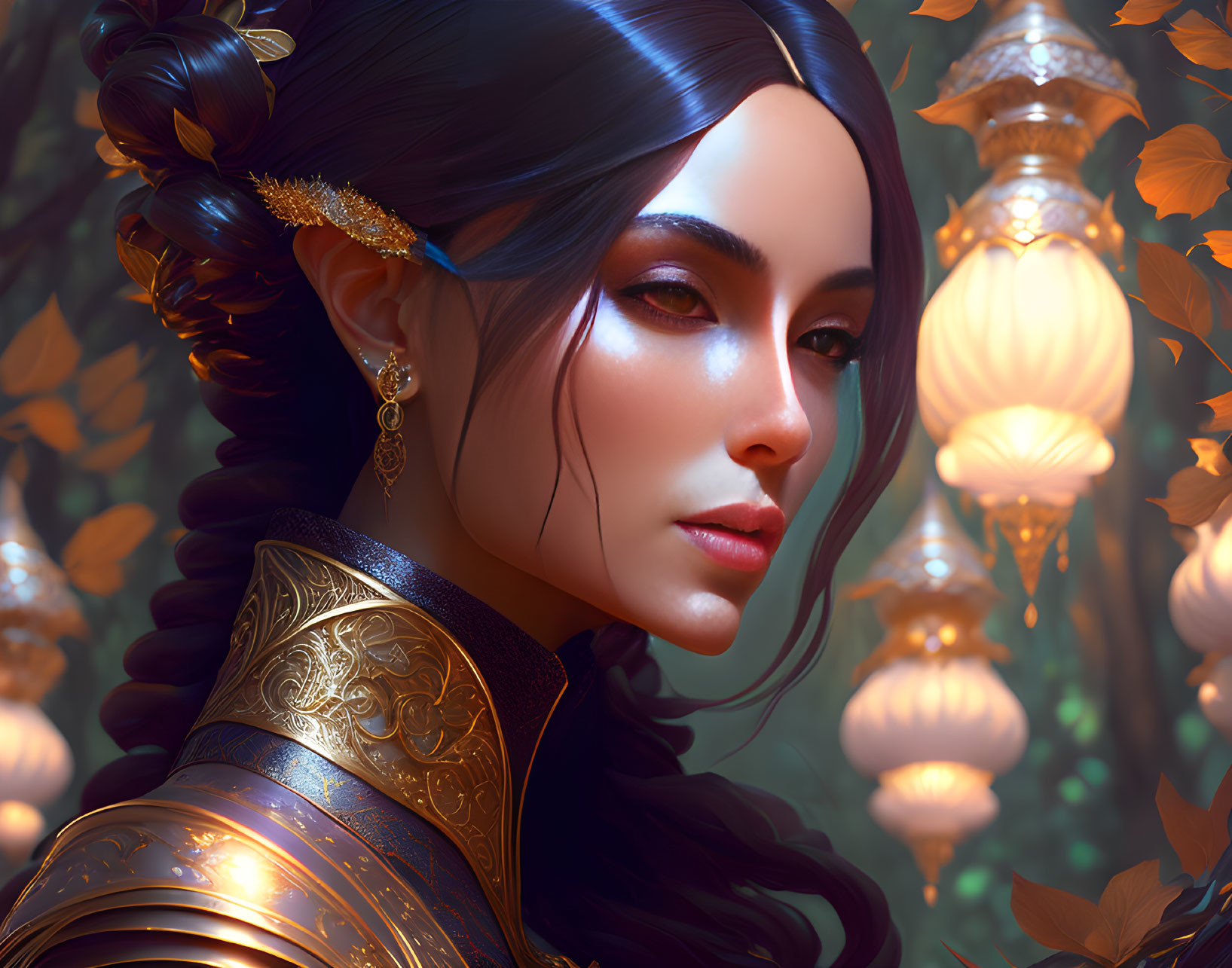 Digital Artwork of Woman with Braided Dark Hair and Golden Earrings