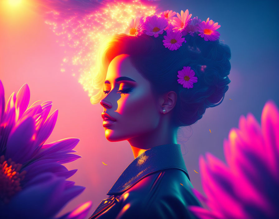 Vibrant makeup woman portrait with flowers in neon-lit setting