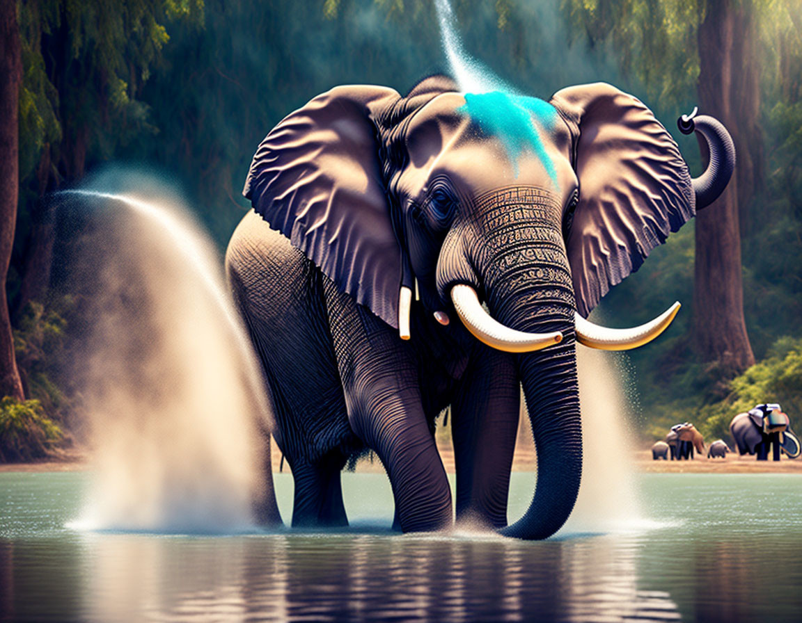 Elephant with tusks spraying water in river, misty forest backdrop