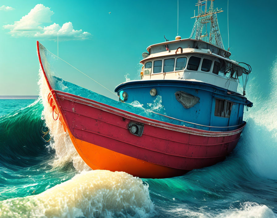 Vibrant fishing boat on turquoise wave under blue sky