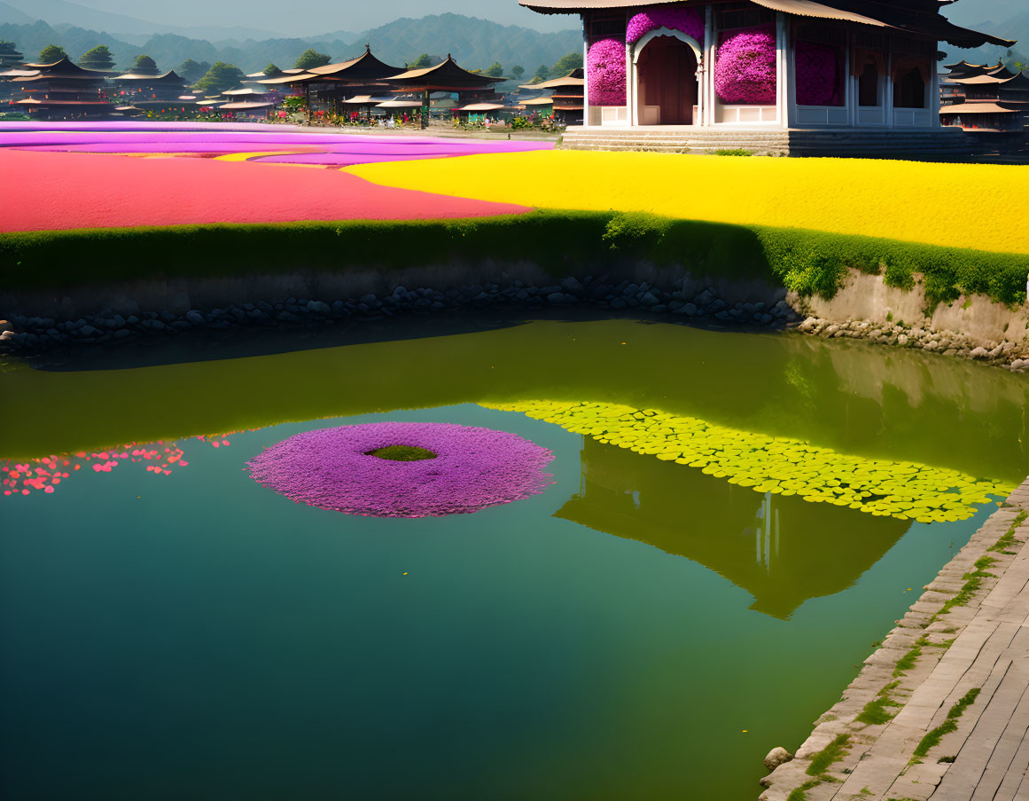 Lush Flower Fields and Pond with Traditional Architecture Reflection