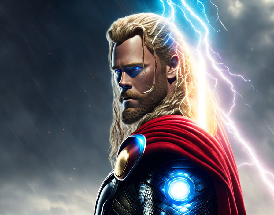 Blond-Haired Superhero in Armor with Lightning Eyes on Stormy Sky