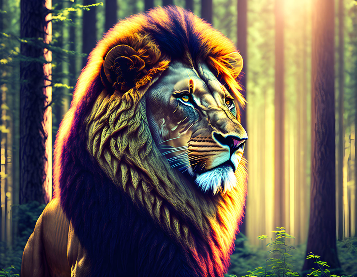 Stylized lion with lush mane in golden forest light