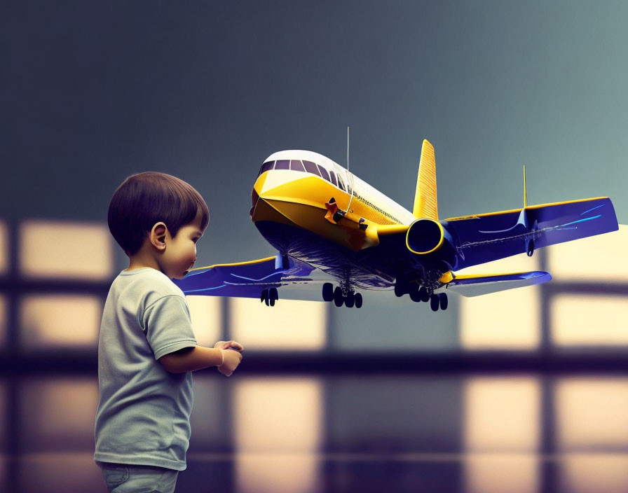 Young boy playing with toy airplane in front of large windows and moody sky