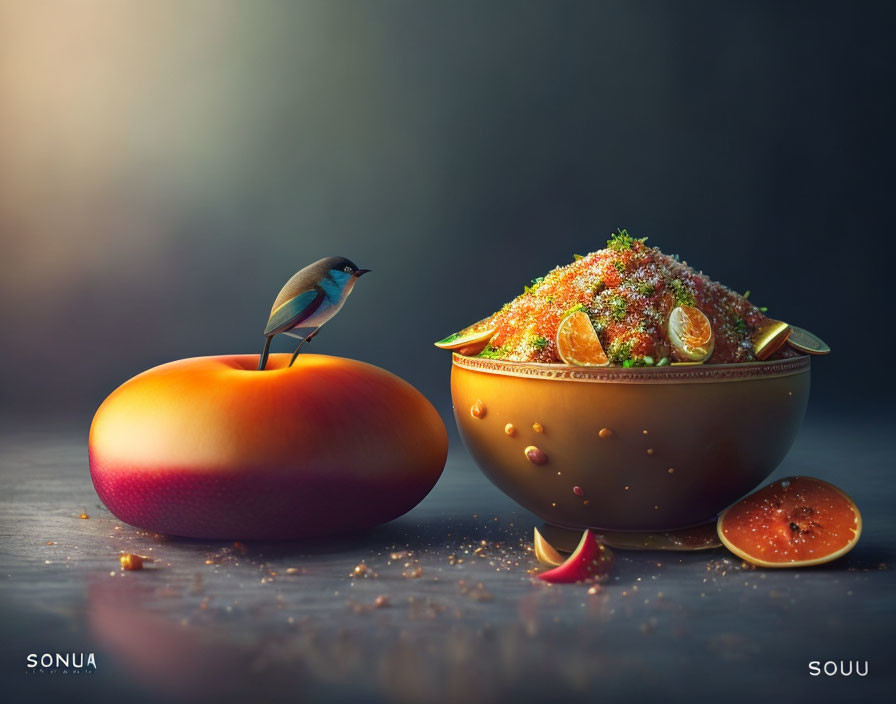 Small bird perches on ripe persimmon next to bowl of spiced couscous with lemon