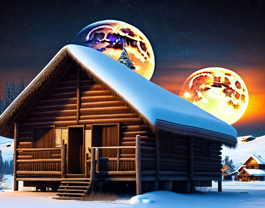 Snow-covered log cabin with colorful orbs and Christmas tree reflection.