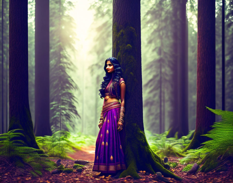 South Asian woman in traditional attire in misty forest with sunlight piercing through trees