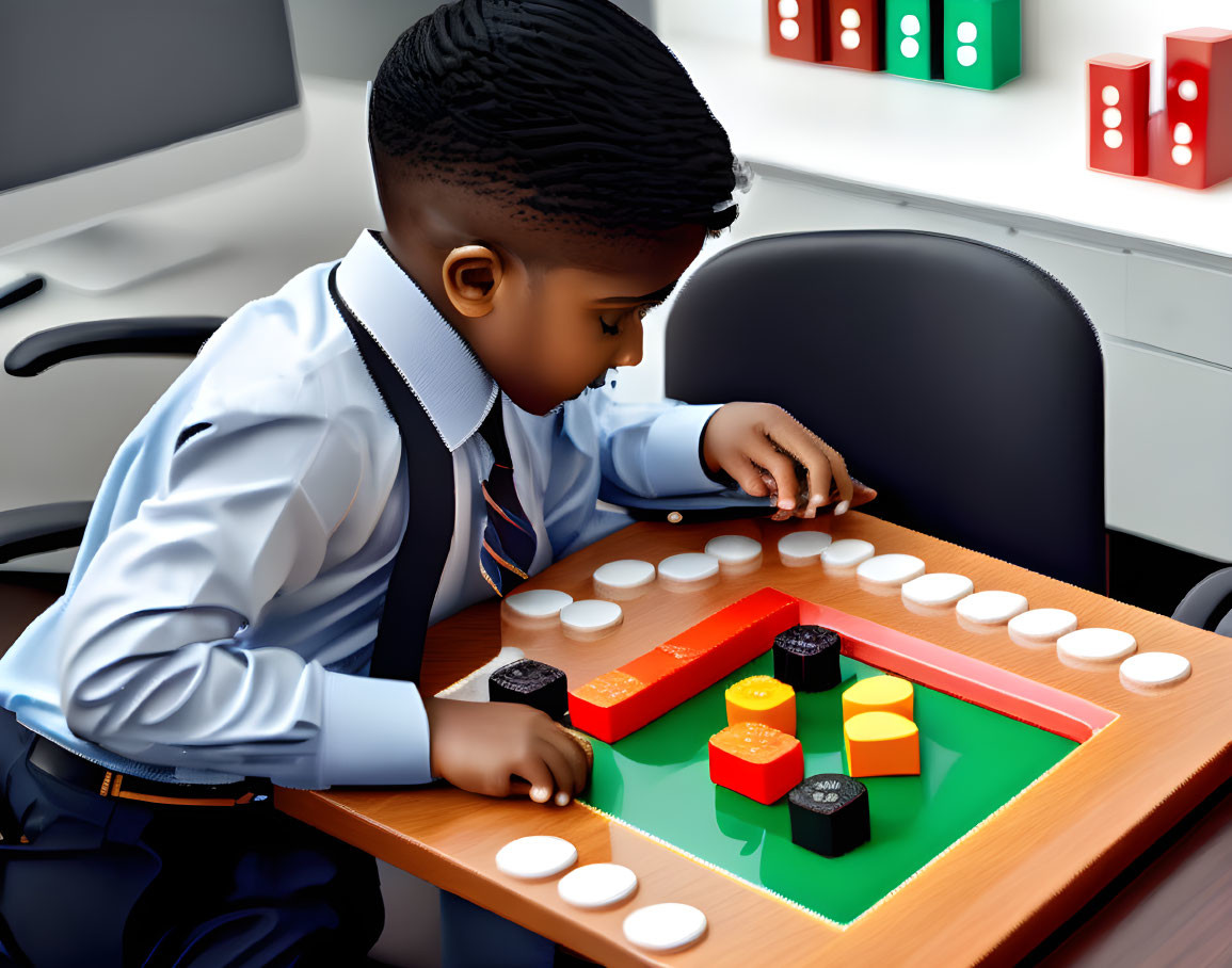 Young boy in school uniform playing colorful board game at desk