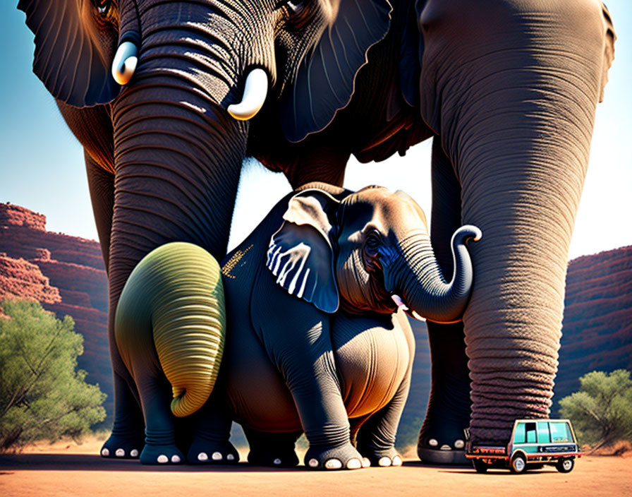 Realistic and Stylized Elephants with Van in Desert Landscape